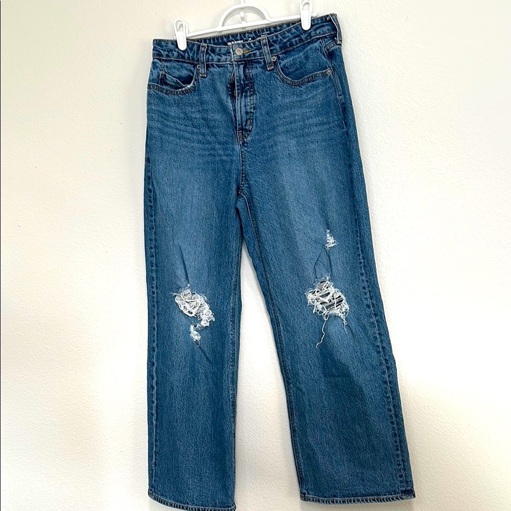 Distressed Blue Jeans- Old Navy 10petite, high rise, curvy ski-high wide leg